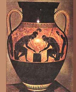 Вазопись Древней Греции. Стили вазописи.Ахилл и Аякс за игрой в шашки Около 540 до н.э. Ваза чернофигурного стиля